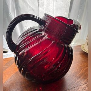Vintage Anchor Hocking Royal Ruby Swirl Ball Jug/Pitcher circa 1940's
